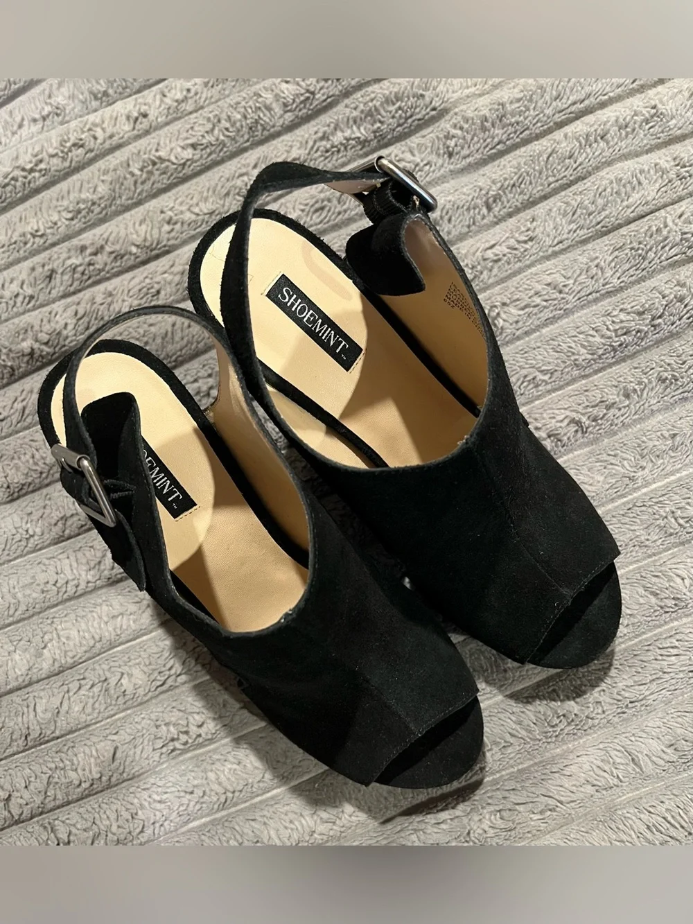 SHOEMINT ISABELA BLACK SUEDE PEEP TOE HEEL SLINGBACK PLATFORM WEDGE SHOES 9 NEW